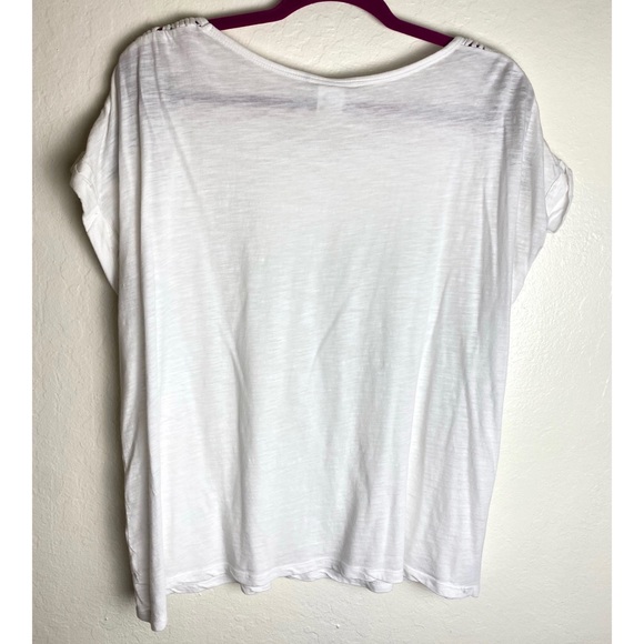 Anthropologie Short Sleeve White Shirt with Gold Metal Weave Design on Shoulders - Picture 3 of 3